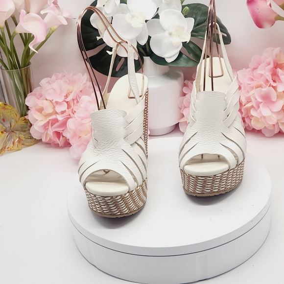 💋NEW💋JIMMY CHOO Perdita Leather Raffia Wedge Sandals - Picture 10 of 14